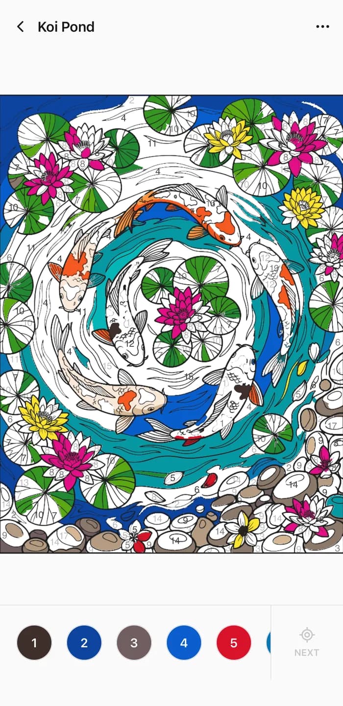 An early stage of the Koi Pond painting, most regions still showing their numbers